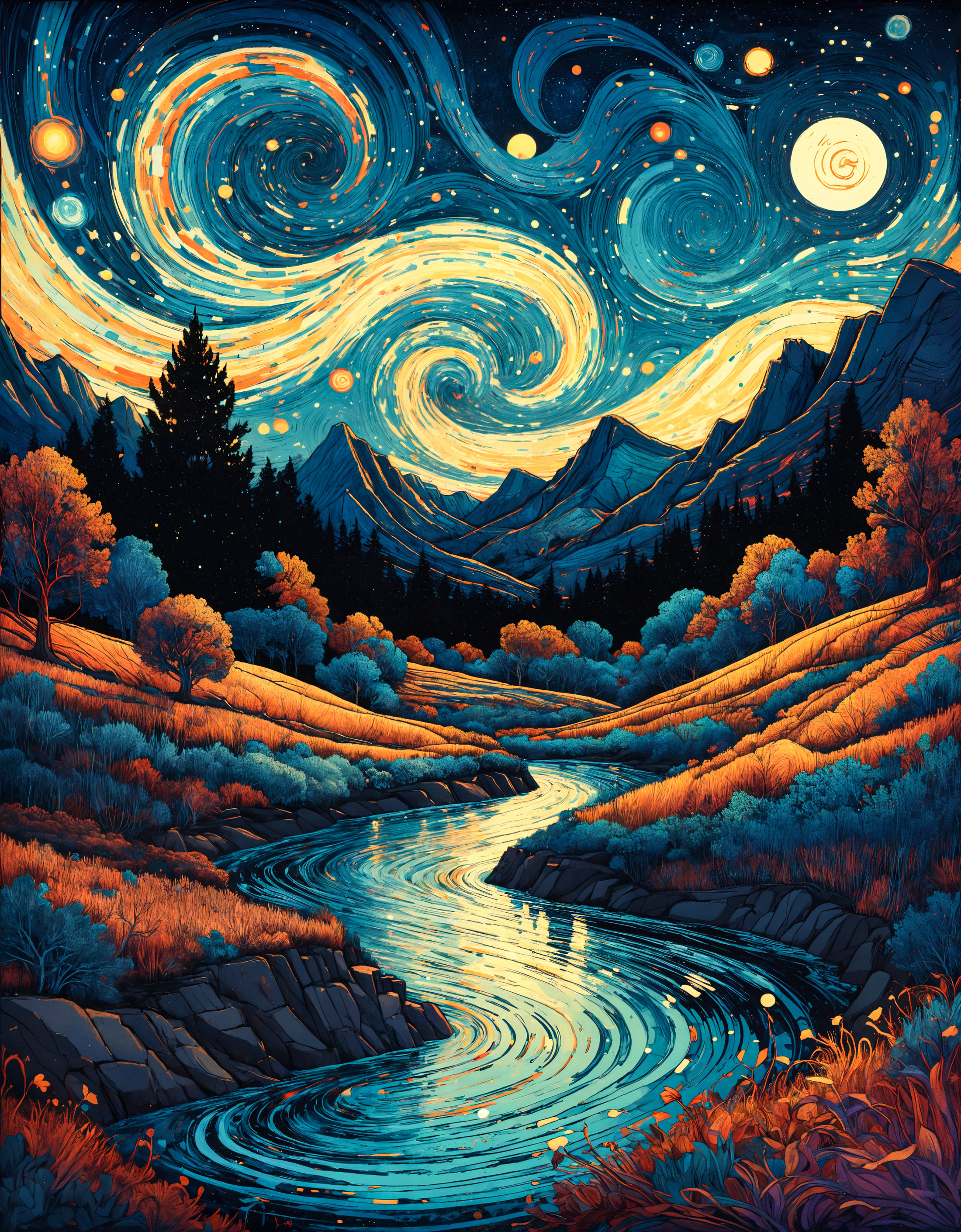Art by James R. Eads, Swirling and flowing lines define the vivid landscapes and sky, drawing inspiration from Van Gogh's ...