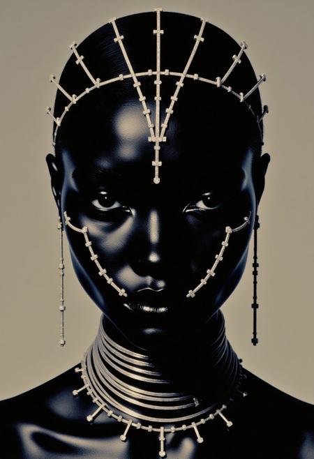 NSRI, a dark-skinned woman with a stoic, emotionless expression, gazing directly at the viewer. She wears a symmetrical chrome silver crown adorned with geometric diamond patterns, casting sharp reflections across her face. A diamond-encrusted necklace rests on her neck. A delicate silver face ornament, the “diamond cascade,” stretches across her forehead and cheeks in fine, symmetrical chains, each studded with small radiant diamonds. Soft light reflects off the diamonds, creating a luminous, surreal glow around her.