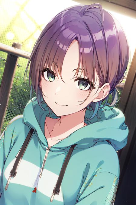 (best quality, high definition, masterpiece:1.2,), Illustration, night, 1girl, upper body, asakura tooru, hoodie, jeans, waiting for kiss, looking at viewer, happy, blush, (jungle gym), (ulzzang-6500-v1.1:0.8),  <lora:sctoru:1>