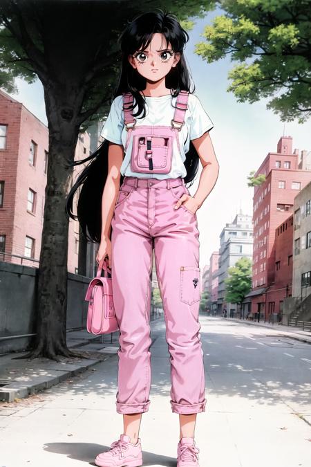 1990s \(style\), 1girl, bag, black eyes, black hair, brick wall, building, full body, hand on hip, long hair, looking at viewer, outdoors, overalls, pink footwear, pink pants, retro artstyle, solo, standing, tree, very long hair