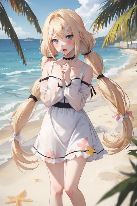 portrait, standing, flowers, looking at viewer, acnicky, (white dress, bare legs, white sandals), (v-shaped eyebrows:1.2), blush, frown, (embarrassed:1.2), open mouth, (low twintails:1.3) long hair, beach background,  <lora:Game-EternalReturn-AlleyCatNicky:0.65>