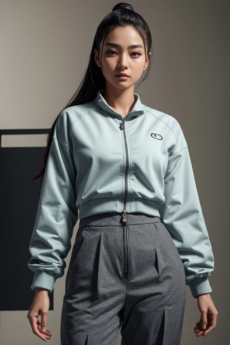 female woman wearing unimaginable japanese tracksuit jacket and tracksuit pants , instagram pose, art student, (official art, extremely detailed CG unity 8k wallpaper), beautifully detailed eyes, detailed fine nose, detailed fingers, (8k), (best quality), ( masterpiece:1.2), (realistic), ( photorealistic:1.37), extremely detailed handsome gentlebeing, vintage hair, couture, magazine cover, textless, high quality, clothing details, fine fabric, full body, 8k, cinematic lighting