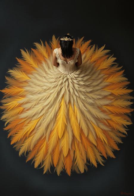 Strong moody style, overhead bird’s eye view, Filipino Surrealism painting. Taupe and yellow-orange elongated feathered ballgown, pastel shades, vertically distorted figures, animals, characters, top-down perspective, low contrast.