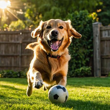 Retriever dog, 
mid-tumble over a well-worn football, 
tongue lolling out in a wide grin, 
evening golden light casting elongated shadows, 
playful scene unfolding in a lush, 
green backyard, 
focus on gleeful expression, 
fur texture detailed, 
dynamic motion blur emphasizing playfulness, 
shallow depth of field with bokeh effect in background, 
sun flare, 
digital painting, 
vibrant color palette, 
high resolution.