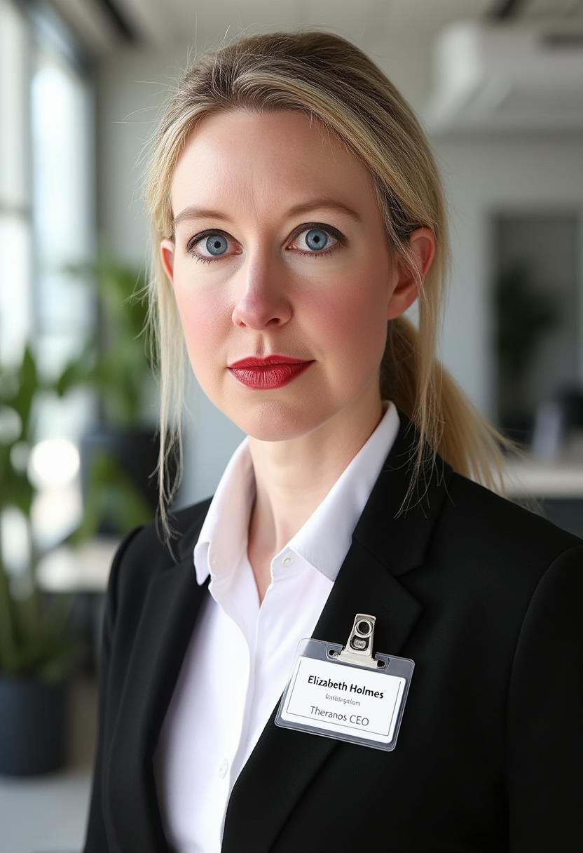 A portrait photo of elizabetholmes, a woman with a ponytail. She is looking straight at the viewer with a serious expression on her face. She is wearing red lipstick. Her eyebrows are drawn down. Her mouth is closed and her lips are pressed together. She is wearing a professional white shirt and a black business suit. A simple ID badge with black bold text name "Elizabeth Holmes" and smaller title "Theranos CEO" is clipped to the suit jacket. The background is blurry and shows a modern office with house plants. Sunlight is shining through large windows.