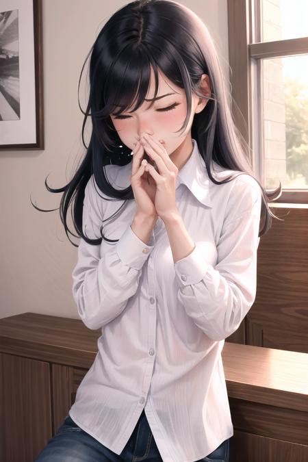 Highly detailed, High Quality, Masterpiece, beautiful, 1girl, FISneezing, closed eyes, blush, sneezing, >_<, <lora:FISneezing:1.2>, black hair, long hair, shirt, white shirt