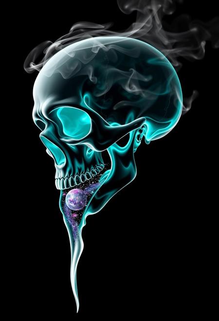 Cybernetic Skull, black background, slhouette black and white outline, skull made of smoke, neon teal_flames, pov sideview, smoke rises from back of skull, whole Galaxy in skull, mouth open pouring out Galaxy in a liquid form