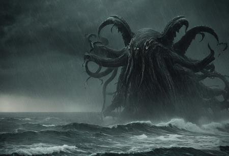 Giant Eldritch Creatures, Current surge, dark fantasy, noir, Cthulhu, in the eye of a deep sea storm,thunderstorm, dark atmosphere, very realistic photography,