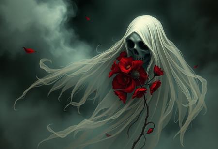 A hauntingly beautiful red floral ghost enveloped in an eerie mist, illustrated in the style of gothic art, intricate details, delicate petals, dark shadows, ethereal atmosphere