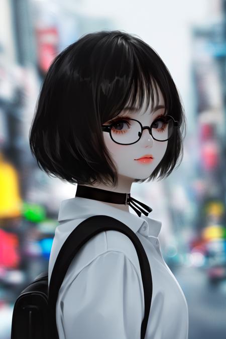 skistyle, 1girl, solo, mask, black hair, glasses, shirt, white shirt, looking at viewer, choker, upper body, black-framed eyewear, mouth mask, bangs, blurry, black eyes, black choker, blurry background, short hair, closed mouth, red lips, backpack, depth of field, bob cut, lips, bag, makeup, surgical mask, round eyewear