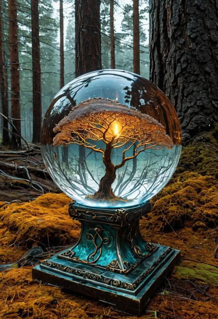 pms style, (masterpiece, best quality, highres:1.2), (photorealistic:1.2), (intricate and beautiful:1.2), (detailed light:1.2), (colorful, dynamic angle),
A hyper-realistic close-up of a crystal ball, resting on a weathered colorful pedestal, pedestal made out of patina metal skin, pedestal is carved with intricate runes, runes glowing faintly in amber, detailed,
BREAK inside the crystal ball, a tree made of pines and needles, electricity appears to shock the heart from the edges of the crystal ball, with subtle flickers of light illuminating the swirling smoke patterns, 
BREAK Background, Dramatic lighting, rolling fog, intense highlights, deep shadowy contrasts, creating a powerful, moody atmosphere, Hyperdetailed textures, glowing ember effects, intricate reflections, in a spooky forest, depth of field,
organic armor shaped like insect shells and glowing mycelium, helmet visor displaying bio-digital readouts, glowing spores drift around her, tracking luminous footprints across an alien terrain of fungal towers and crystal pools, masterpiece, high score, great score, absurdres, 
Style: Whimsical,ral-pinecone,
Color Palette: Warm, inviting colors; golden browns, 
Lighting: Soft and warm lighting to enhance the coziness
Aesthetic: Fun, charming, and delicious