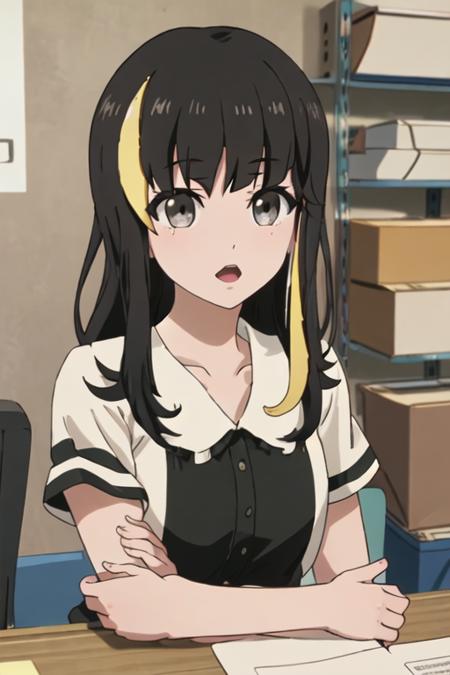 best quality, masterpiece, highres, solo, {tsubaki_ando_shirobako:1.15}, black_hair, multicolored_hair, streaked_hair, blonde_hair, long_hair, bangs, black_eyes, grey_eyes, 1girl, parody, indoors, portrait, anime_coloring, meme, open_mouth