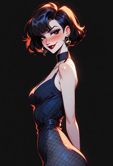 (score_9, score_8_up, score_8:1.2), ((solo)), beautiful mature mother, (pale white skin:1.2), freckles, blushing, (black short hair:1.2), black eyes, red lipstick, dark eyeliner, black necklace, large ring shaped black earing, smug smile, looking at viewer, small breasts, tight waist, slim feminine body, small hips, round ass, cute, eyelashes, fishnet stocking dress, black background, middle body focus, fully body shot