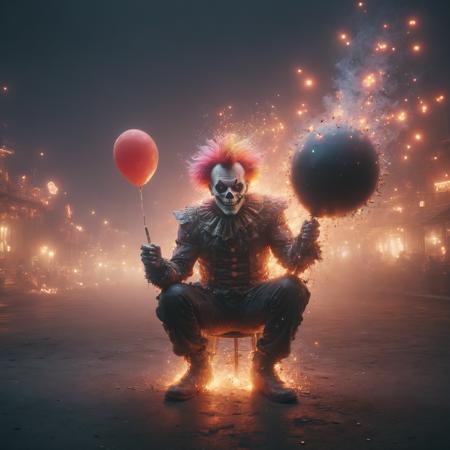 gaunt man crouching, (skull as head:1.2), torn clown costume, (holding sparkler:1.5), (rainbow colored clown hair:1.5), (glowing red eyes), evil grin, looking at viewer, (in amusement park:1.5), (balloons:1.5), popcorn stand, dramatic lighting, smoky, from side, from below, wide view, solo, <lora:Embers_Style_SDXL:0.8> mad-embr