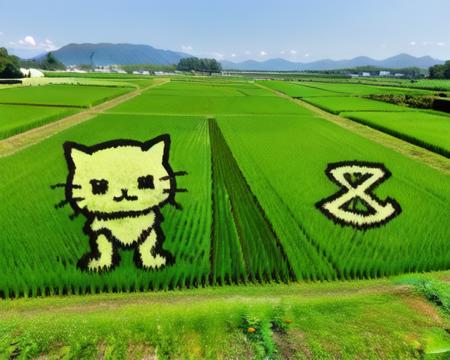 outdoors, (rice_paddy_art:1), field, scenery, landscape, nature, crossover, day, fence, grass, green skin, green theme, house, nature, path, river, ruins, sky, cat,<lora:rice_paddy_art:0.7>