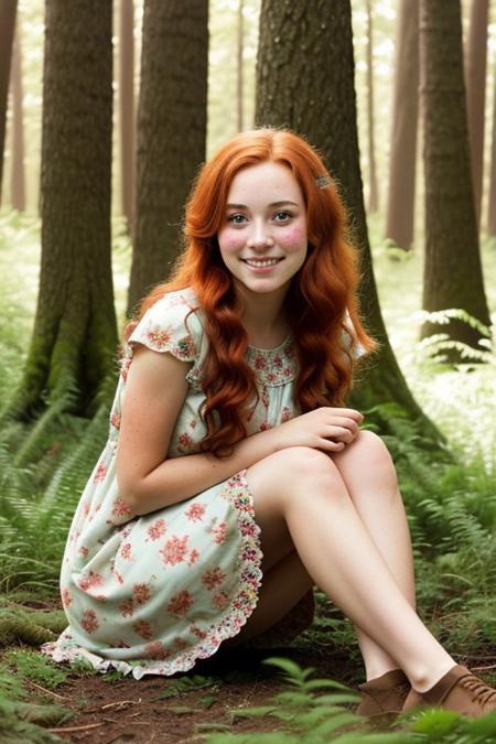 A young girl with fair skin covered in freckles, long curly red hair, and bright green eyes, sitting on the forest floor facing the viewer with her legs slightly apart. She has an innocent expression and a gentle, warm smile. The scene is set in an enchanted forest with glowing mushrooms, soft sunlight filtering through the trees, and a magical atmosphere. The girl is wearing a simple, earthy-toned dress with delicate floral patterns. The style is hyper-realistic, with intricate details on her hair, freckles, and the textures of the forest. The lighting is soft and ethereal, emphasizing her innocent and serene demeanor
