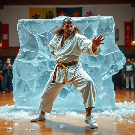 A  karate man performing a karate pose, Destroyed ice block background, in a dojo setting, ((Sean Connery)) , Bandana, long hair, jersey, white sneakers, muscular, 2 meters tall,Ice pieces are scattered on the floor. he has a determined expression, wearing a traditional white karate gi with a colored belt.  and spectators are watching in awe in the background. The dojo features wooden flooring and colorful banners on the walls, with bright lighting highlighting the action and the scattering ice shards.
masterpiece,