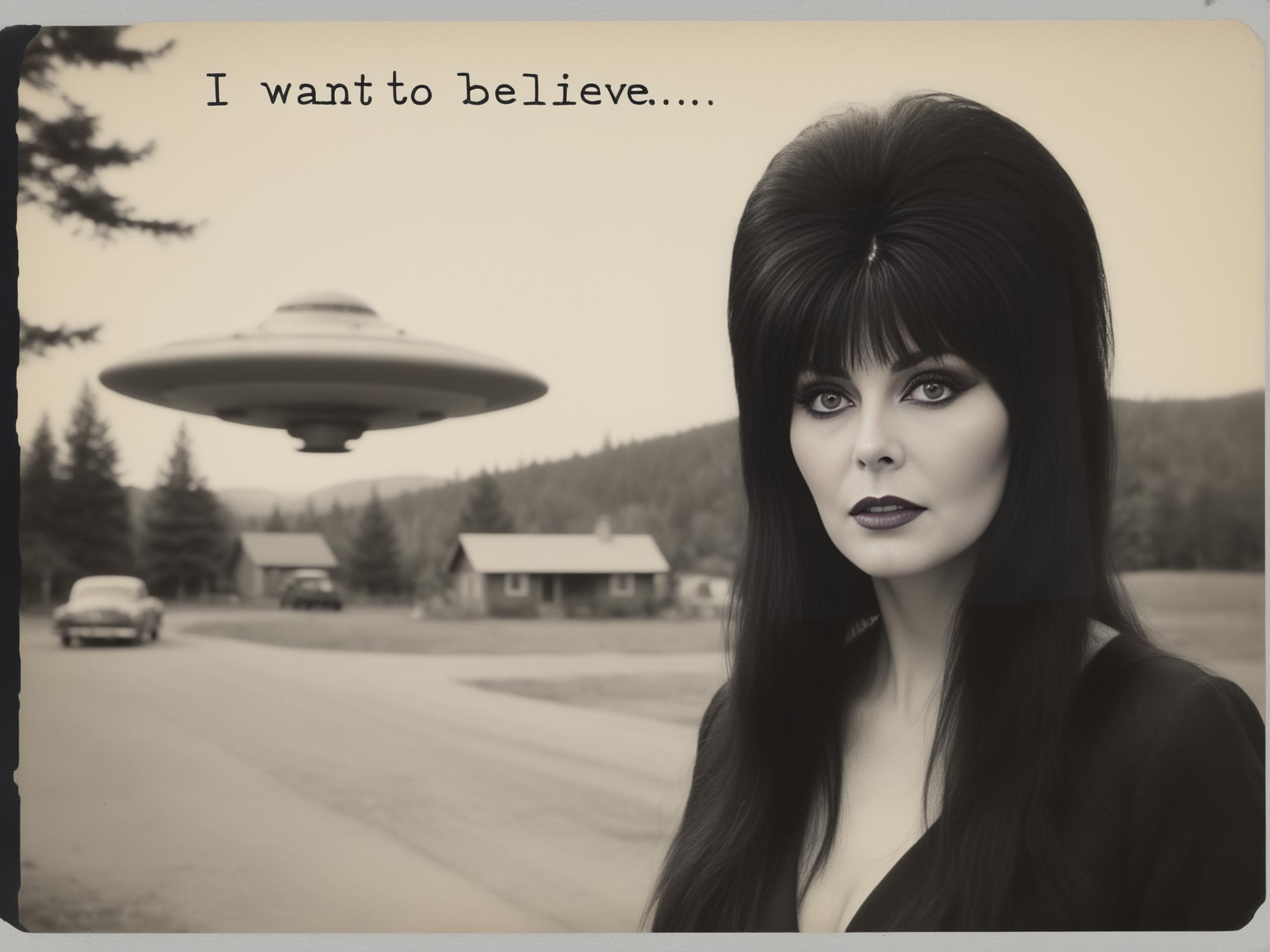 A woman with long hair and a black dress standing in front of a flying saucer.