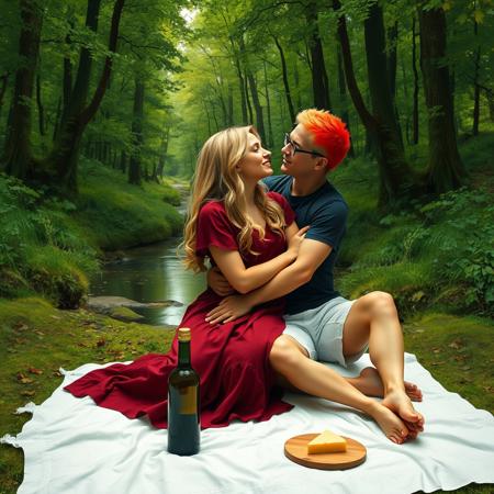 abstract surreal dreamy art image in style of salvador dali of a couple sitting in tantra position and embracing each other and starting into each other eyes. by a small stream in a green forest. girl has long wavy blond hair, wearing dark red cotton dress. the boy has very short blonde hair dyed scarlet red on top, white shorts and a dark blue tshirt. they are both sitting on a white picnic sheet with a bottle of white wine and some cheese.