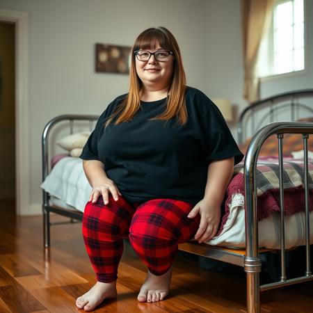 A full body shot of a chubby adult Scottish woman with long straight bangs, glasses, a black t-shirt, and red flannel leggings. She is barefoot sitting  the side of a metal bed in a bedroom with hardwood floors. Warm lighting,