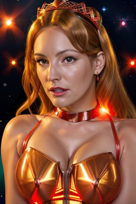 RAW HD closeup photo of stunningly beautiful [milf] woman <lora:k3llybr00k:1>, solar queen, neck choker, red dress, queen, large crown, (cinematic lighting), (candid, amateur:0.8), posing in space