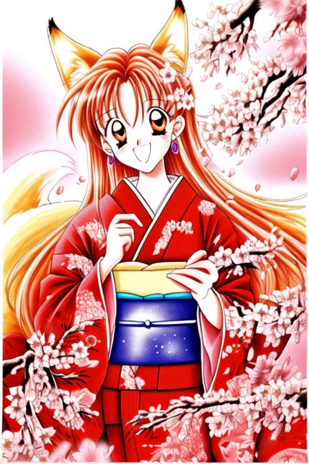 1 girl, fox ears, kimono, cherry blossoms, petals, 1990s (style)  <lora:retrocute:0.8>