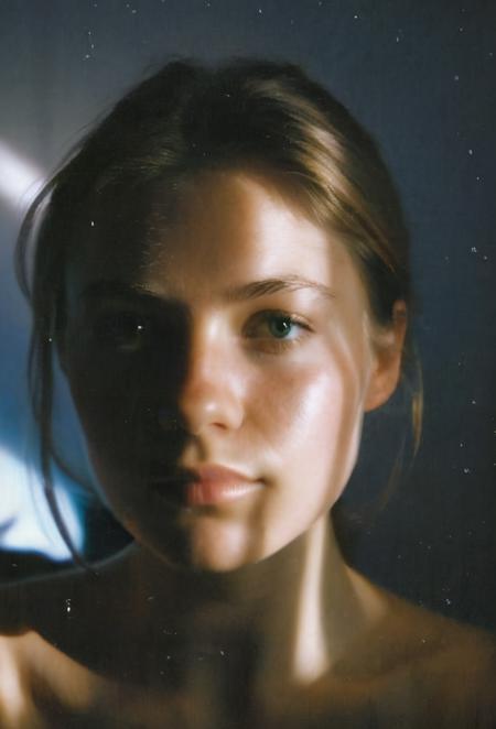 FP100C, Portrait, womans bedroom scene, portrait photo of stylish 21yo Canadian woman, soft facial features, perfect detailed eyes, natural skin, (hard shadows:.81), prismatic light, grainy, shadows, spotlight, sensual, voyuerism <lora:FP100C_frameless:.91>