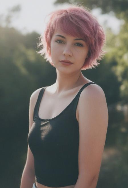 instagram photo, photo of a 24 y.o woman, short coloured hair, fair skin, wearing top with low neckline, outdoor