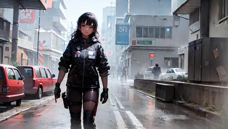 (high quality, best quality, hi res), (ultimate phtoreal  Concept Art), (rain) (boy, black hair, black eyes, japanese face, Outdoors, Sci - fi, asian cyberpunk, city), (Ray traching, Lumen, highly detailed digital painting, 8 k, realistic, hyperdetailed photorealistic, volumetric, intricate detail)