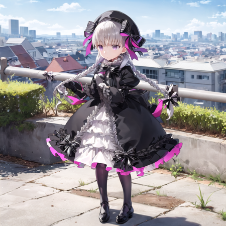 NurseryRhyme 1girl, nursery rhyme (fate), solo, joints, braid, hat, doll joints, long hair, dress, twin braids, purple eyes, black dress, full body, bow, lolita fashion, outdoors, city backround, gray hair, NurseryRhyme,