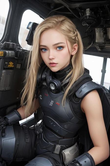wide-angle shot, (1girl, 18y, young, short, cute, beautiful face, long blonde hair tied up, blue eyes, light tan skin, small breasts), black-ops future military exo armor and black face rebreather, sitting on side of a MH-6 Littlebird