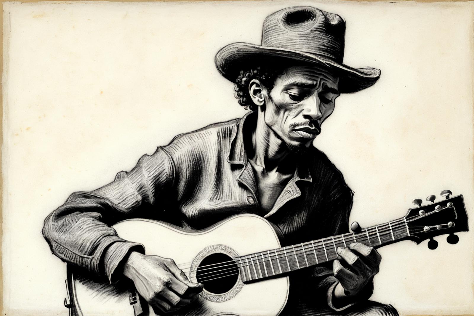 Man Playing Guitar in Black and White Drawing