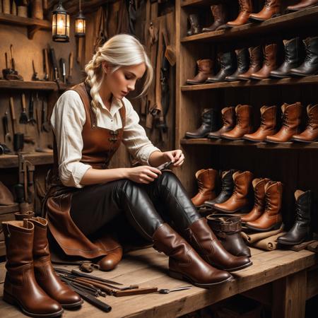 A high-resolution, cinematic photograph of a petite elf bootmaker meticulously repairing a pair of worn leather boots in a rustic leather shop. She wears simple, rough hessian clothing, her delicate hands skillfully stitching the leather with precision. Wisps of her silver-blonde hair fall over her face as she concentrates, her slender, pointed ears peeking through. The shop is filled with wooden shelves stacked with rolls of leather, tools, and unfinished boots, illuminated by the soft glow of lanterns and a crackling fireplace. The atmosphere is warm and immersive, evoking the craftsmanship of a medieval artisan. Style: hyper-realistic, highly detailed, moody lighting, soft depth of field focusing on the elf and her work. cs-l3ath3r