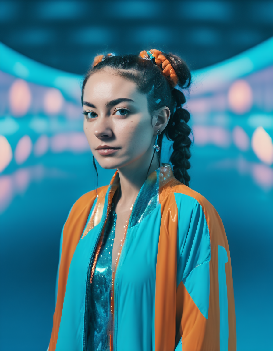 beautiful woman with ((twintails hair)) at a concert performance, futurism, colorful, ice, (cinematic, teal and orange:0.8...
