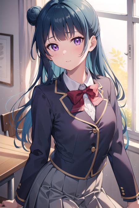 yoshikotsushima, <lora:yoshikotsushima-lora-nochekaiser:1>, 
yoshiko tsushima, blue hair, hair bun, (purple eyes:1.1), single side bun, bangs, long hair, (small breast:1.2),
BREAK bow, bowtie, buttons, grey skirt, long sleeves, pleated skirt, school uniform, serafuku, skirt, uranohoshi school uniform, yellow bow, yellow bowtie, sleeveless,
BREAK looking at viewer, 
BREAK indoors, classroom,
BREAK <lyco:GoodHands-beta2:1>, (masterpiece:1.2), best quality, high resolution, unity 8k wallpaper, (illustration:0.8), (beautiful detailed eyes:1.6), extremely detailed face, perfect lighting, extremely detailed CG, (perfect hands, perfect anatomy),