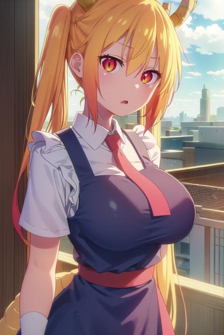 dragontohru, <lora:dragon tohru s2-lora-nochekaiser:1>, 
tohru, tohru \(maidragon\), long hair, bangs, blonde hair, hair between eyes, twintails, very long hair, multicolored hair, horns, fang, gradient hair, dragon horns, (red eyes:1.3), (slit pupils:1.5),
BREAK gloves, dress, tail, short sleeves, necktie, white gloves, maid, maid headdress, dragon girl, dragon tail, scales, large tail,
BREAK outdoors, sun, sky, clouds, city,
BREAK looking at viewer, (cowboy shot:1.5),
BREAK <lyco:GoodHands-beta2:1>, (masterpiece:1.2), best quality, high resolution, unity 8k wallpaper, (illustration:0.8), (beautiful detailed eyes:1.6), extremely detailed face, perfect lighting, extremely detailed CG, (perfect hands, perfect anatomy),