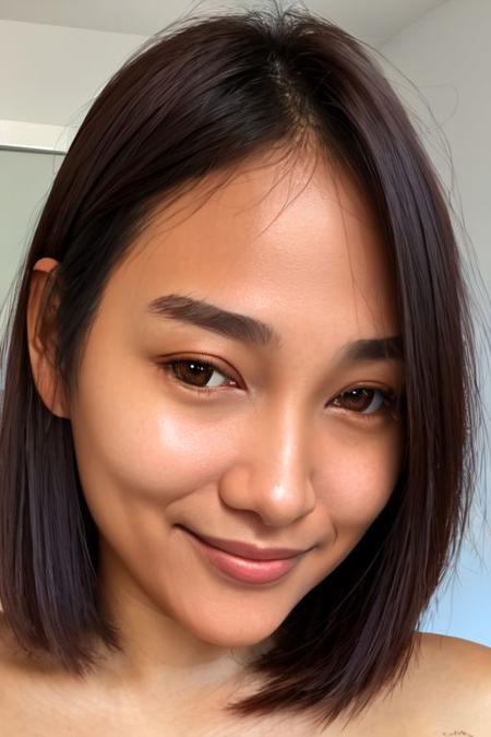 1Girl , Hyper Realistic portrait, 30yo, beautiful face, high cheek bone, puffy face, smile , dark bob straight hair, bare shoulder , tan skin , photorealistic , volumetric lighting