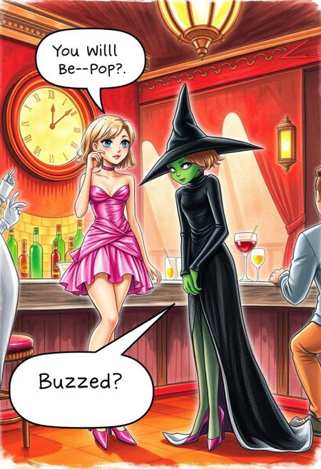 A brightly lit speakeasy in the 1920s style of The Great Gatsby. 
Elfaba is a girl with green skin wearing an all black high-necked Victorian witch outfit  that covers her skin from her neck all the way to her ankles and wrists. She has a bored expression on her face and is rolling her eyes. ( A speech box along the bottom ) points to Elfaba and reads " Buzzed? " .
A fair skinned short skinny blond girl is dressed in a  pink taffeta minidress and pink high heels.  She is looking at Elfaba with a wide-eyed excited confident expression. (A speech box at the top of the image ) points to the blond reads " You--Will--Be---Pop- " .
A realistic colored pencil illustration, funny, lighthearted, sarcastic.