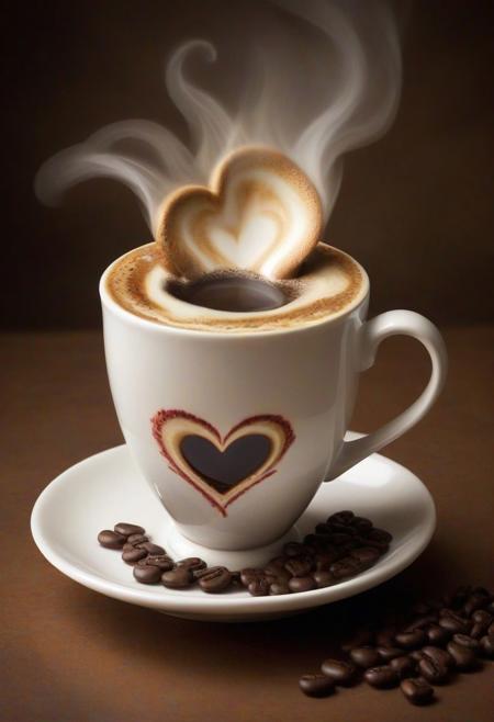 JuggernautNegative, In the realm of warmth and comfort, envision a cup brimming with steaming coffee, emitting aromatic tendrils that curl into the air. This sacred cup of understanding is not just a vessel for hot coffee but a visual poem, as falling hearts dance around it. The scene exudes love in motion, capturing the essence of a moment suspended in time. This beautiful artwork, inspired by Valentine Hugo, invites you to savor the blissful indulgence of a hot cup, whether it's coffee or perhaps even a cup of hot chocolate, in the company of enchanting emotions. 'd=%<D<*