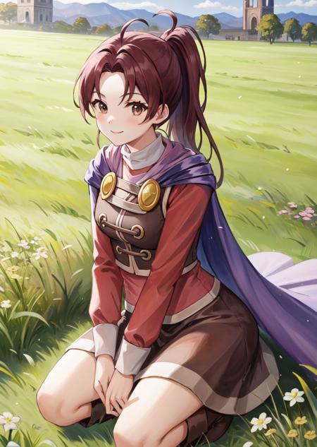 masterpiece, best quality, jenna, ponytail, purple cape, red shirt, vest, brown skirt, knee boots, looking at viewer, field, smile, ancient stone tower in background <lora:jenna-nvwls-v1-000012:0.9>