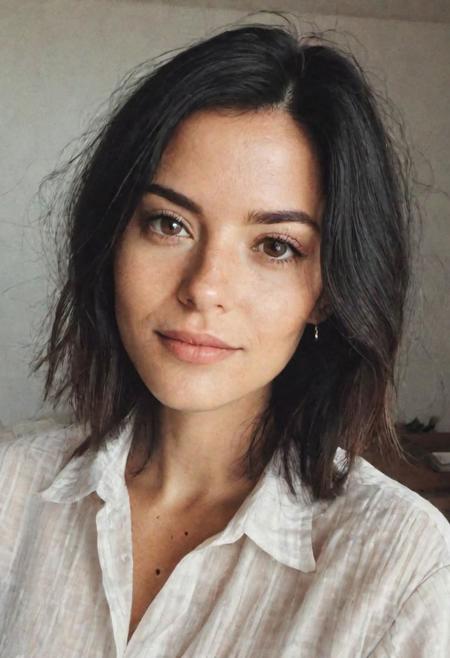 Instagram selfie , a 23-year-old gorgeous woman , a slight smile , detailed skin face and eyes , natural lighting, at home, long shirt, oversize shirt, film grain, low contrast, natural face , freckles , black hair, dark circles under eyes, dark hair, short bob hair, bob hair, big cleavage,