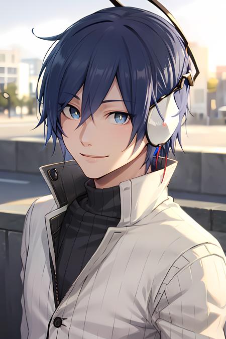 masterpiece, (best quality), 1man,1boy, mcsmtds, blue hair, blue  eyes,male focus,  headphones, shirt, sweater,    (masculine), turtleneck, upper body,   smile,  adult,  vibrant colors ,natural lighting  ,RTX,  handsome, (detailed face:1.2), showcase, (photorealistic:1.1),  (perfect eyes:1.1) , (perfect pupils),  8k uhd,  looking at viewer,  outdoors,  simple backround,