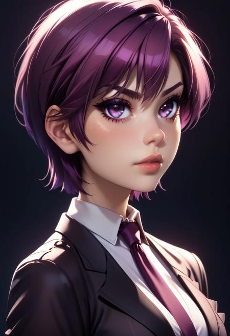 zzBazett, short hair, purple eyes, purple hair, mole under eye, zzBazett, short hair, purple eyes, purple hair, mole under eye, necktie, formal black suit,