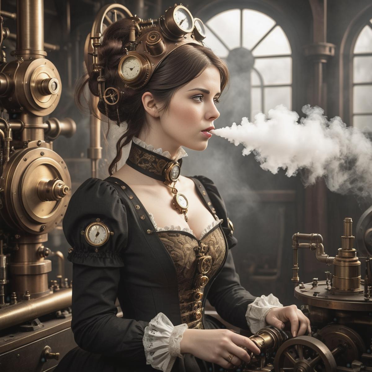 A woman in a steampunk costume blowing smoke from her mouth.