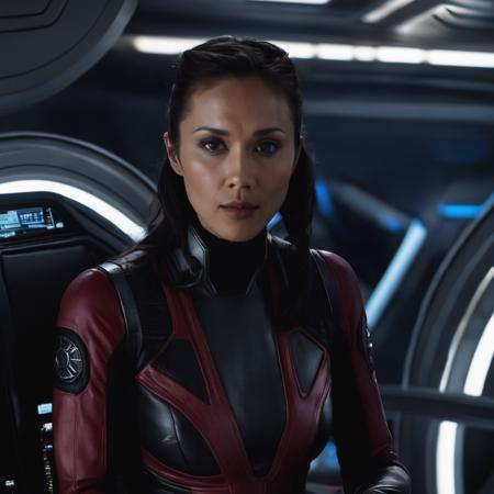 lexa_doig, <lora:LexaDoigXL:1>,a woman in a ((red and black bodysuit)), futuristic cybersuit, sitting on a futuristic bridge, in a spaceship, looking at the viewer, ((happy, smiling)), cybernetic implants,close up, scifi, dark atmosphere, dim light, muted colors, ((perfect eyes, detailed eyes,realistic eyes)), ((sharp face, detailed face, realistic face, naturtal skin, realistic skin, detailed skin, pores))