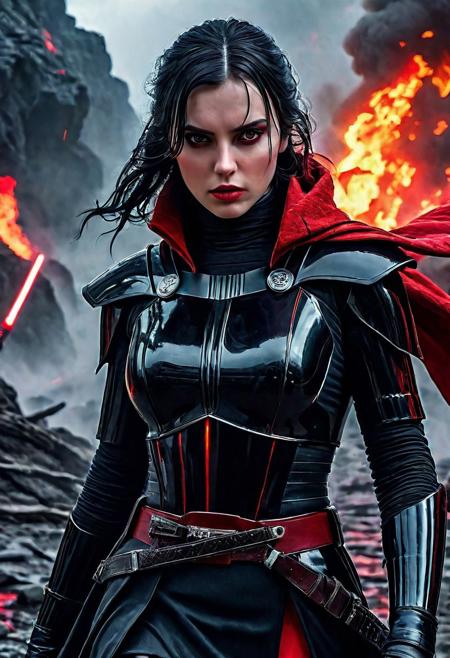 High resolution ultra-realistic of Beautiful Dark Sith girl, 8k, capturing the intensity of the moment, cinematic lighting, standing on a bloody and turbulent battlefield in a bloody battle, wavy black hair, realistic dirty pale face, realistic red eyes, beautiful hourglass figure, burning in a Star Wars Town, intricately designed cloth dirty black-red robes, red cape, Star Wars Aesthetic, perfect athletic figure, beautiful Dark Sith Knightess, ultra realistic, cinematic style, vigorous and seductive, athletic figure, Star Wars style, dramatic lighting, wet and sweaty skin, dirty pale skin, athletic figure, dark fantasy, dramatic lighting, Greg Rutkowski style, Dark Sith Knightess on in Jedi dress, hyper-detailed, hyper-realistic, natural light, extremely intricate details, masterpiece, epic, bright colours, Attractive 21 old years girl, beautiful firm Breasts, sharp focus, digital painting, Photograph Taken on Nikon D750, Alphonse Mucha, 8K, athletic figure, Hyperdetailed, hyperrealism, Attractive, Attractive bust girl, asymmetric balance