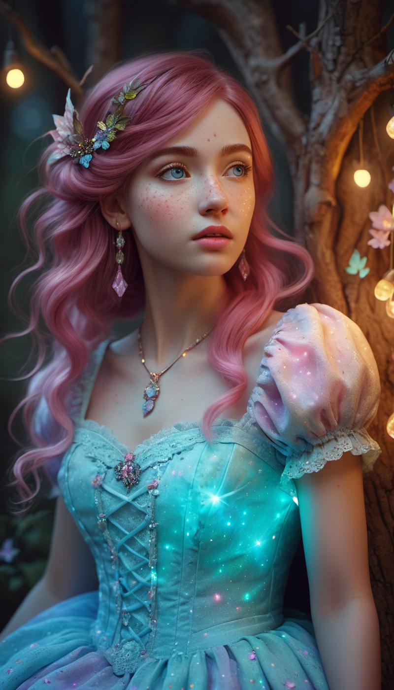 A Doll-like Pink-haired Girl in a Blue Dress with Butterfly Decorations on a Tree Branch.