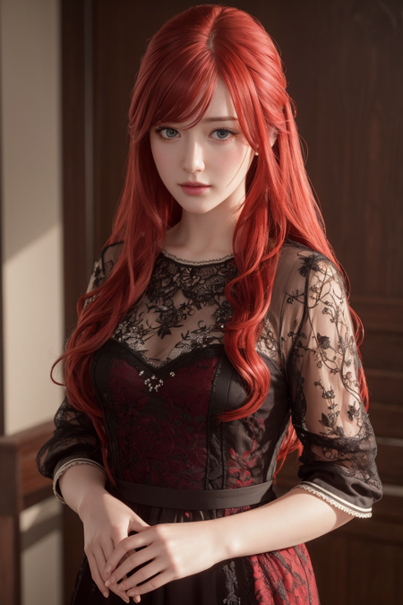 high quality, best quality, photo-realistic, raw-photo, realistic, ultra realistic 8k cg, ultra-detailed, High definition, masterpiece, 1girl, long hair, red hair, close-up, intricate details, detailed texture, finely detailed,