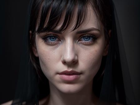 Masterpiece, (cinematic lighting:1.1), front view, [portrait], low-key lighting, eye focus, photo of (pale skin 35 year old woman with short black Curtain bangs hair), wearing black shirt, perfect face, glaring blue eyes, [gothic makeup], pouting seductively, (detailed skin), [[[light freckles]]], [[[imperfect skin]]], high frequency details, (film grain), dramatic, candles in background, ornate,  cold colors, (backlighting:0.5), photographed on a Canon EOS R5, 85mm f/1.2 cine lens, sharp focus, (highly detailed, intricately detailed), (Cinestill 800T:0.9), medium closeup