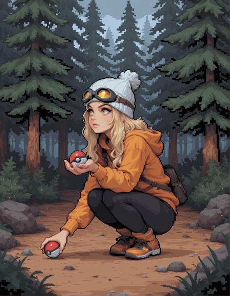 masterpiece, amazing quality, absolutely eye-catching, absurdres, newest, 1girl, woman, beanie, curtained hair, light blonde hair, yellow eyes, goggles, pine tree forest, pixel art, simple background, full body , holding poke ball, side profile squat
